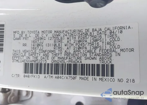 2010 Toyota Tacoma Base V6 из США, поврежденный, VIN 3TMLU4ENXAM052215